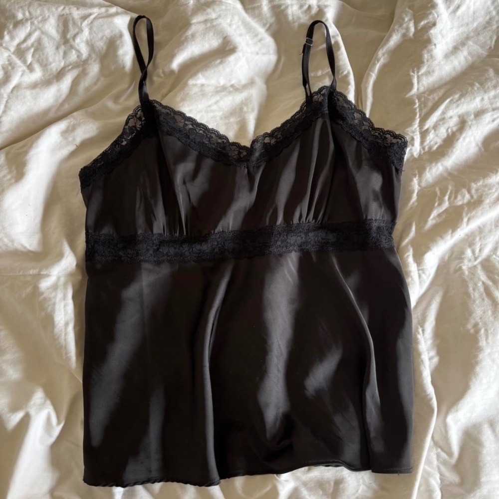Black satin tank top with lace detail